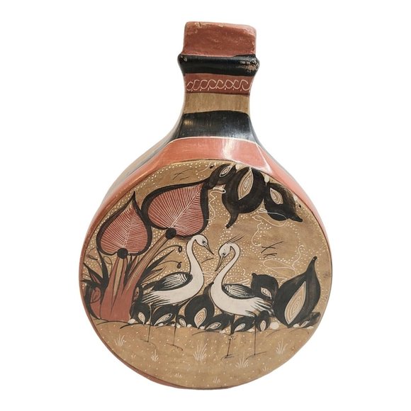 Mexican Folk Pottery Jug Tonala Vase Deer Birds Plants Hand Painted E Perez sign - Picture 1 of 12